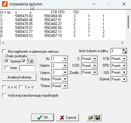Widok okna ustawienia kolumn