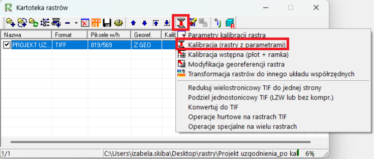 widok okna kartoteki rastrów z rozwiniętym podmenu