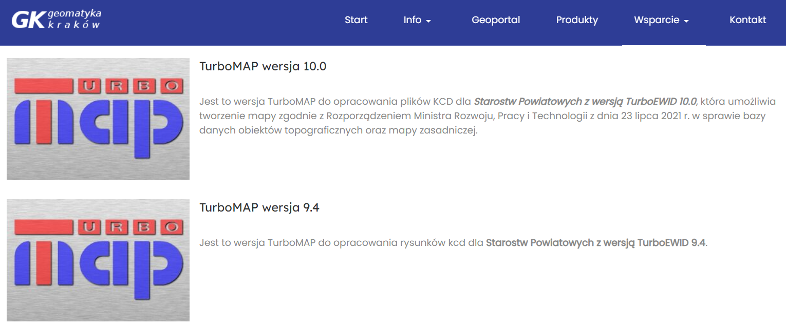 Widok strony 'geomatyka-krakow.pl' z opcjami pobrania programu TurboMAP Widok strony 'geomatyka-krakow.pl' z opcjami pobrania programu TurboMAP