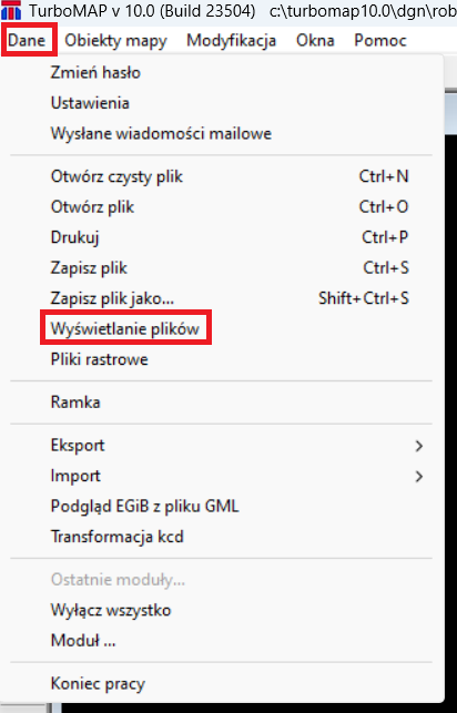 Widok menu głównego programu: Dane oraz Wyświetlanie plików