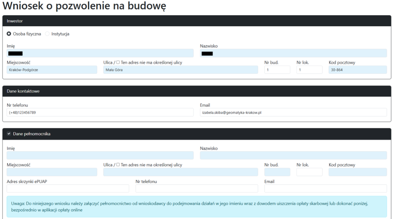 Widok części wniosku z informacjami o inwestorze i pełnomocniku