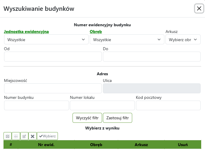 Widok okna wyszukiwania budynków przez zadane atrybuty