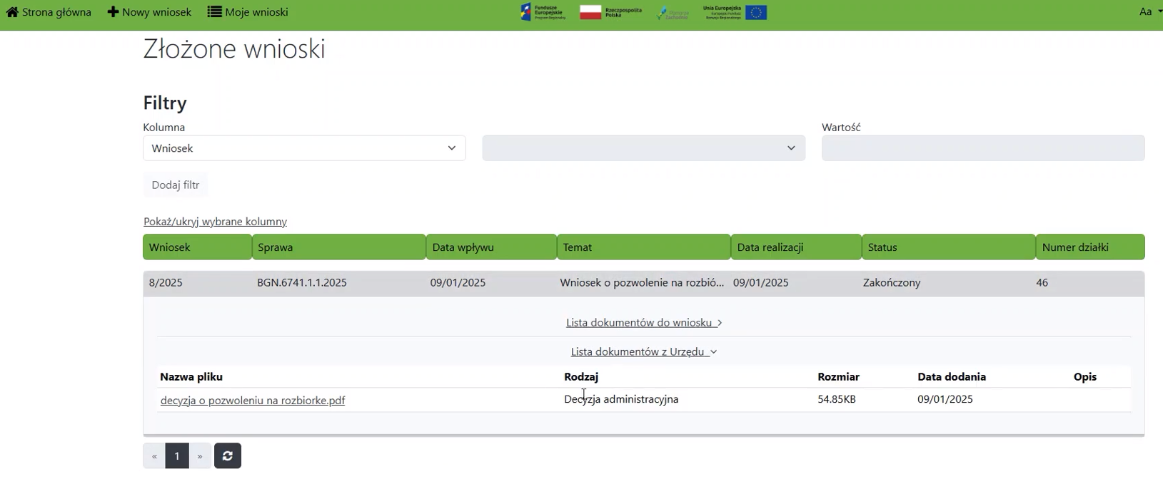 Lista złożonych wniosków