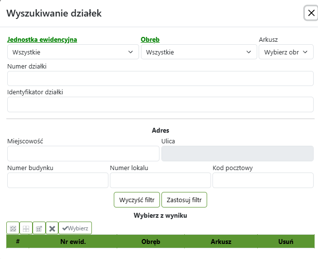 Widok okna wyszukiwania działek