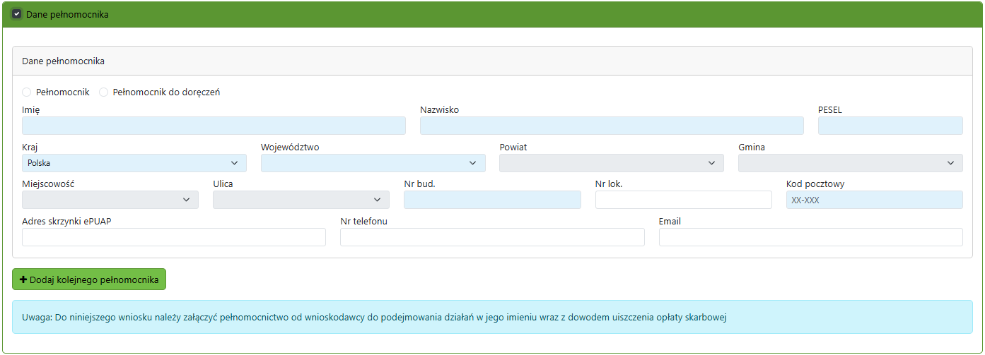 Widok okna danych pełnomocnika do uzupełnienia