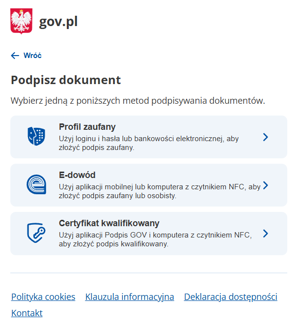 Widok opcji podpisu dokumentu
