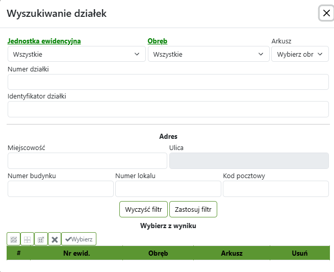 Widok okna wyszukiwania działek Widok okna wyszukiwania działek