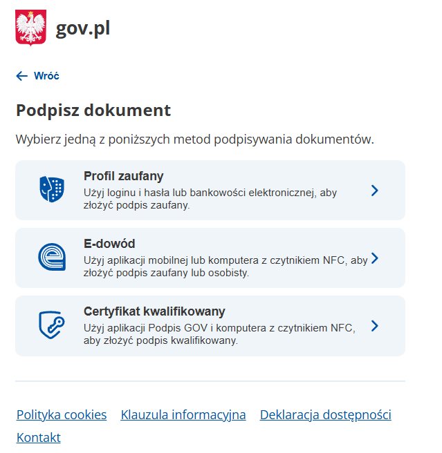 Widok części okna witryny do składania podpisu kwalifikowanego/zaufanego