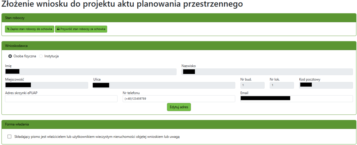 Widok części wniosku z obszarem danych wnioskodawcy i formy władania