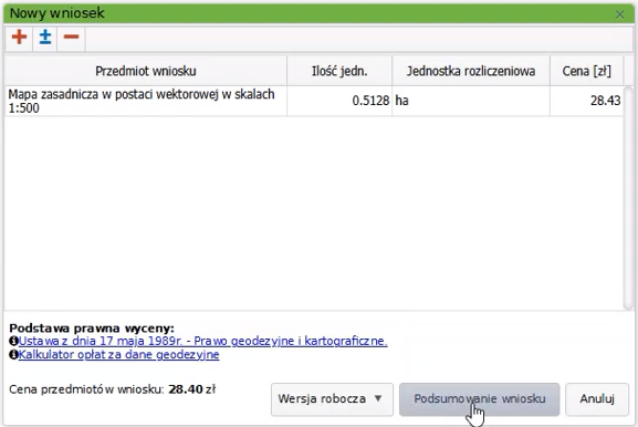Widok okna z nowym wnioskiem