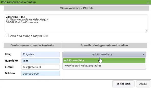 Widok okna podsumowania wniosku