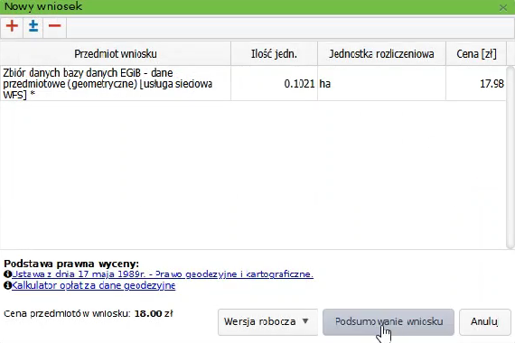Widok okna nowego wniosku