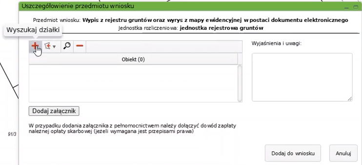 Widok okna: Uszczegółowienie przedmiotu wniosku