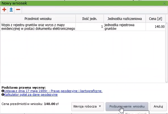 Widok okna nowego wniosku