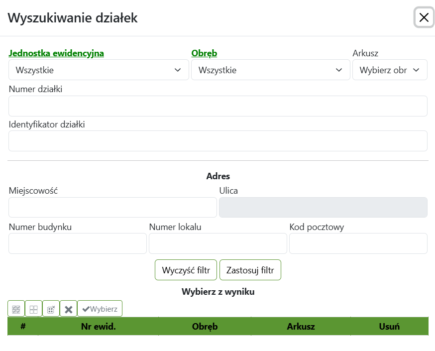 Widok okna wyszukiwania działek