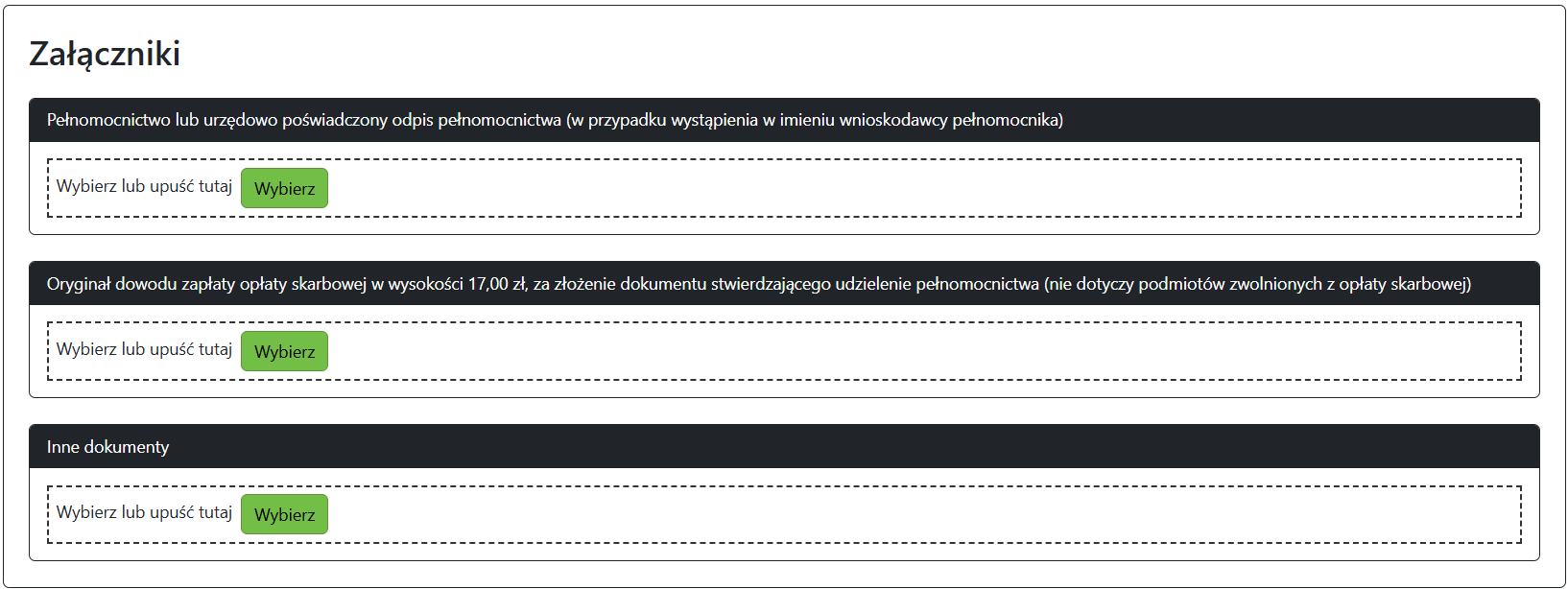 Widok pola do wprowadzania załączników