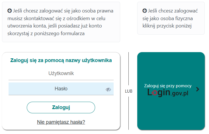 Widok okna logowania