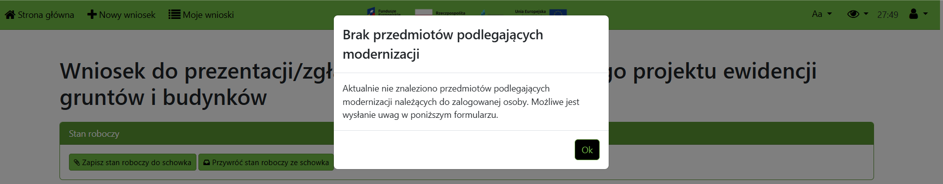 Widok komunikatu o braku przedmiotów podlegających modernizacji