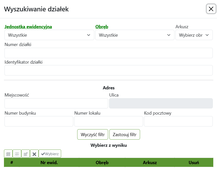 Widok okna wyszukiwania działek