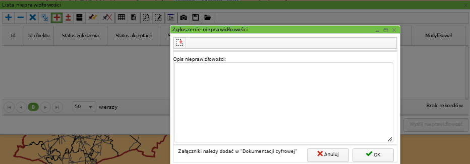 Widok okna listy nieprawidłowości oraz zgłaszania nieprawidłowości