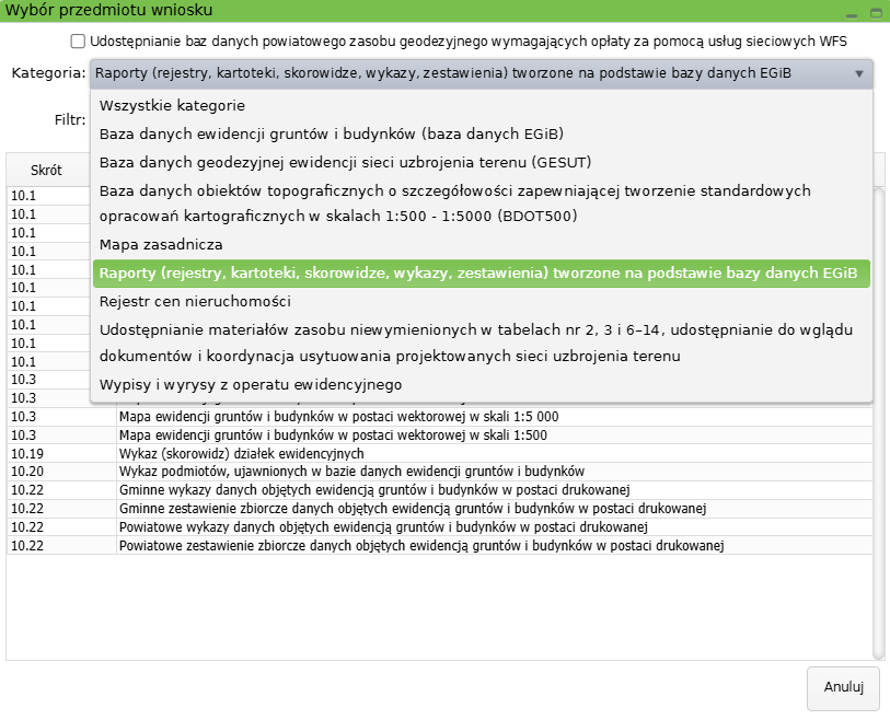 Widok okna wyboru przedmiotu wniosku
