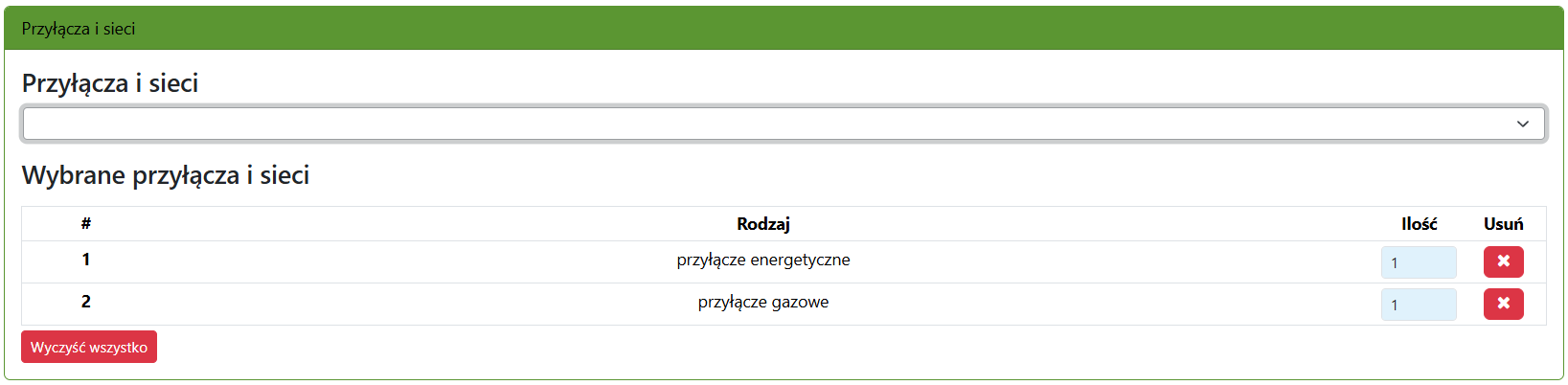 Widok fragmentu formularza z przyłączami i sieciami
