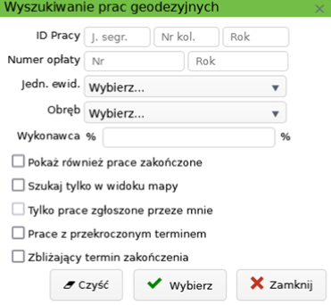 Widok okna wyszukiwania prac geodezyjnych Widok okna wyszukiwania prac geodezyjnych