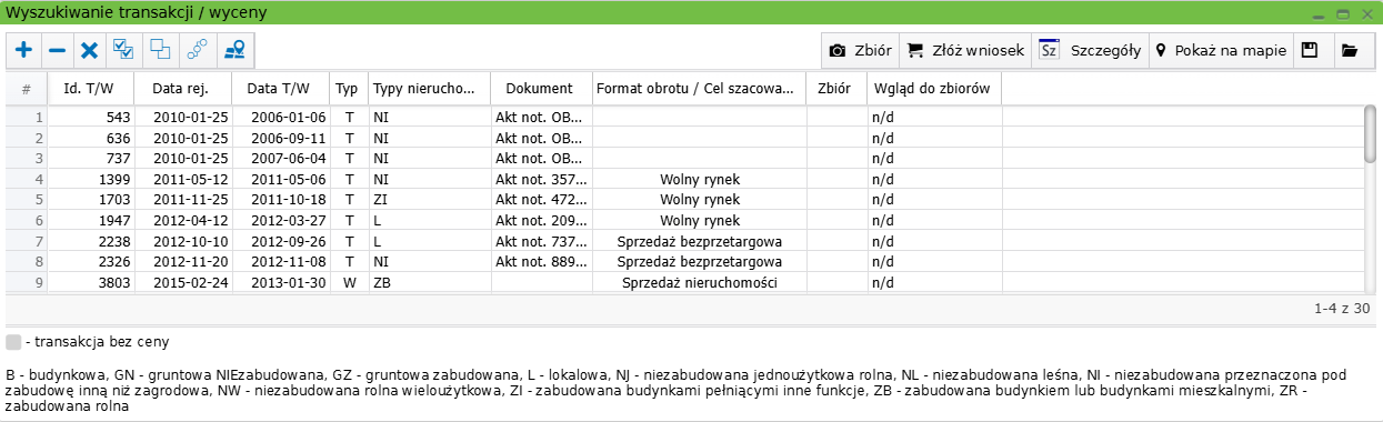 Widok okna wyszukiwania transakcji/wyceny z rekordami na liście