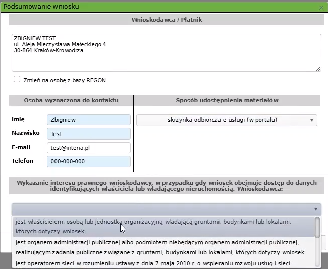 Widok okna podsumowania wniosku