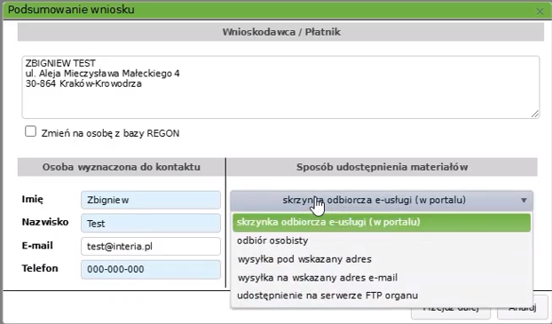 Widok okna podsumowania wniosku