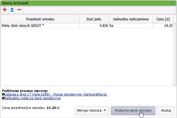 Widok okna nowego wniosku