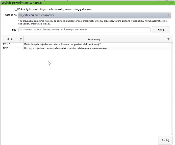 Widok okna wyboru przedmiotu wniosku