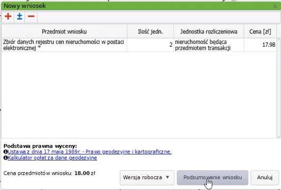 Widok okna nowego wniosku