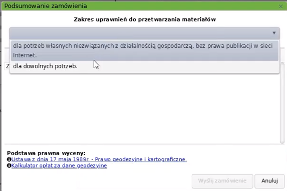 Widok okna podsumowania zamówienia