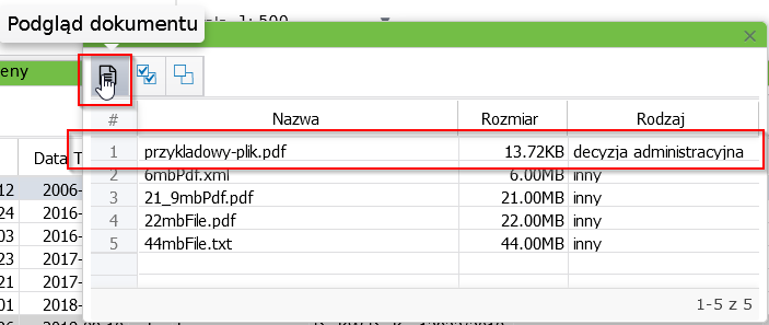 widok okna z wylistowanymi dostępnymi plikami zbioru razem z opcjami menu