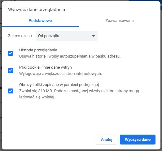 Okno czyszczenia historii w przeglądarce Chrome
